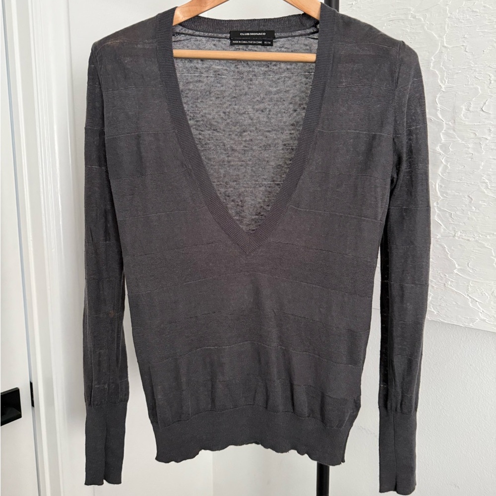 Club Monaco Women’s Gray Deep V-Neck Sweater Size M Linen Knit